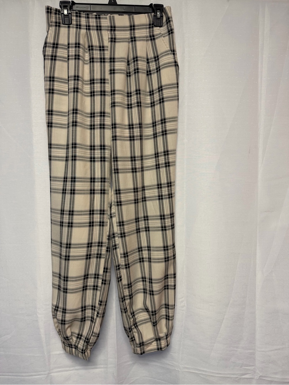 Beige Plaid High-Waist Tapered Pants